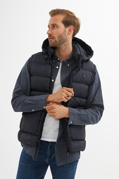 Men's Removable Hooded Pocket Detailed Puffer Vest Navy Blue