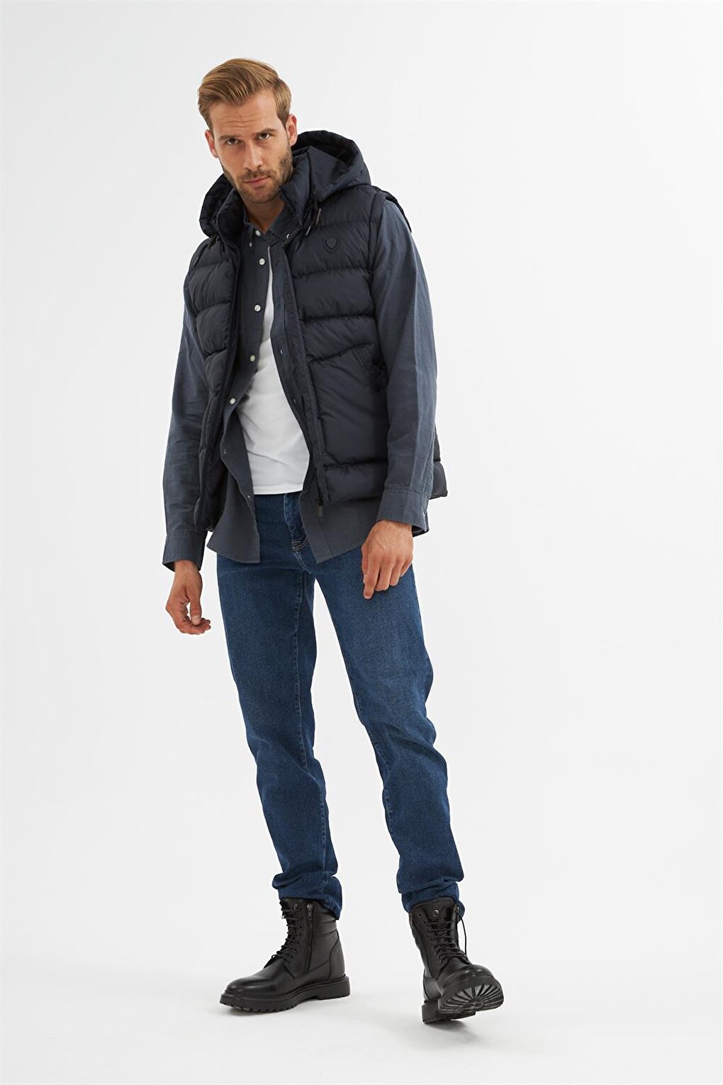 Men's Removable Hooded Pocket Detailed Puffer Vest Navy Blue