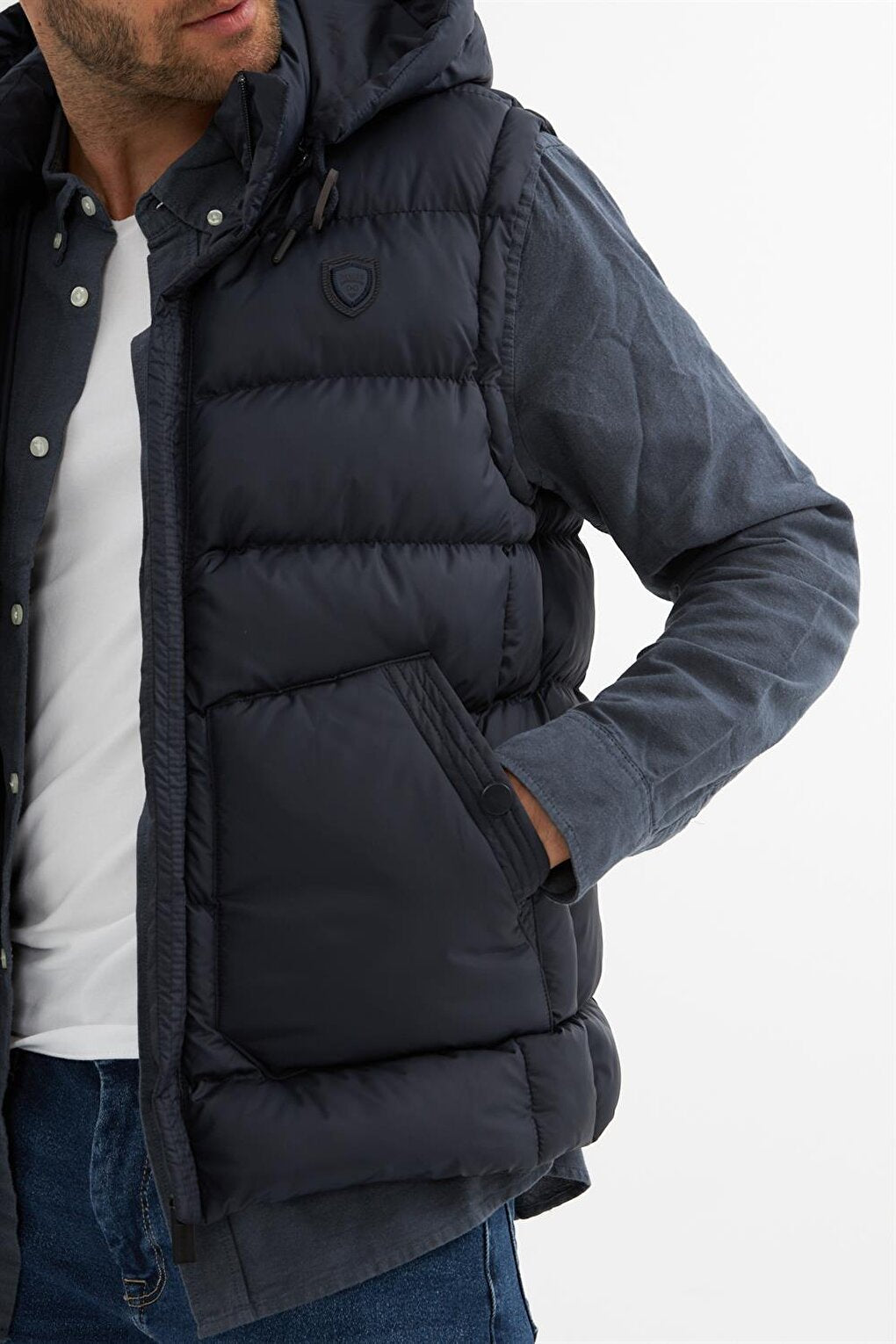 Men's Removable Hooded Pocket Detailed Puffer Vest Navy Blue