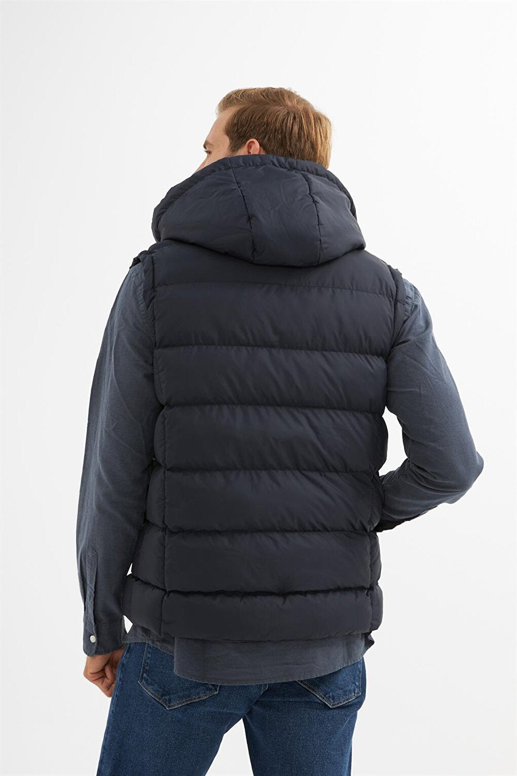 Men's Removable Hooded Pocket Detailed Puffer Vest Navy Blue