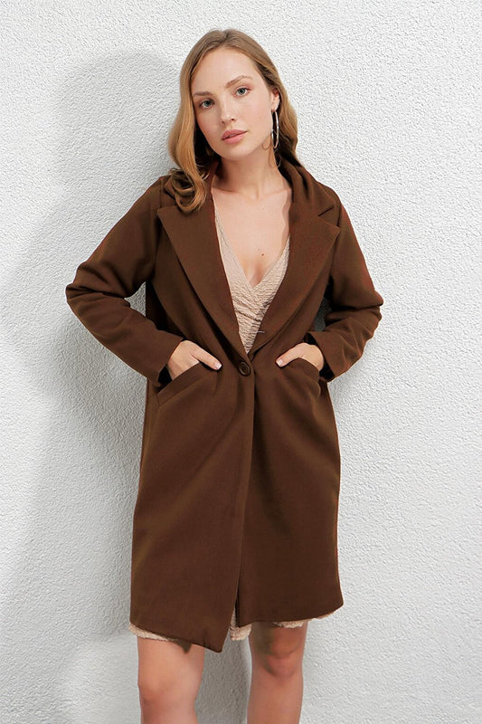 Women's Chocolate Single Button Double Pocket Lined Stylish Cashew Coat HZL23W-BD190851