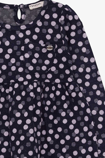 Girl's Long Sleeve Dress Polka Dot Patterned Navy Blue (Age 4-7)