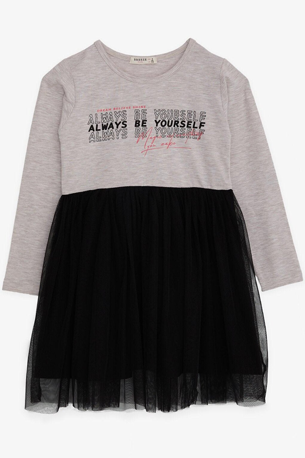 Girl's Long Sleeve Dress Tulle Text Printed Beige Melange (Age 8-12)