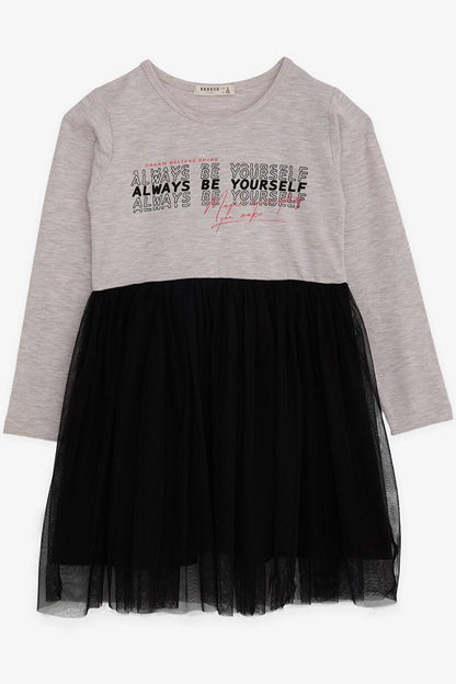 Girl's Long Sleeve Dress Tulle Text Printed Beige Melange (Age 8-11)