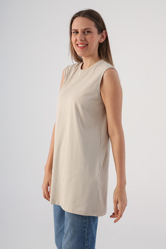 Stone Cotton Basic Sleeveless T-Shirt Tunic