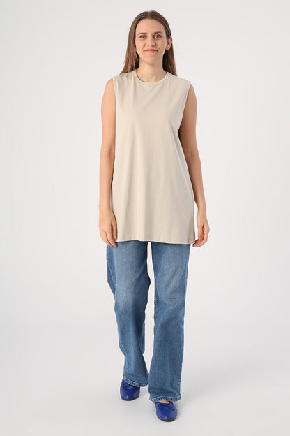 Stone Cotton Basic Sleeveless T-Shirt Tunic