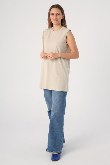 Stone Cotton Basic Sleeveless T-Shirt Tunic