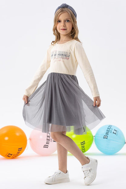 Girl's Long Sleeve Dress Tulle Text Printed Cream (8-12 Years)