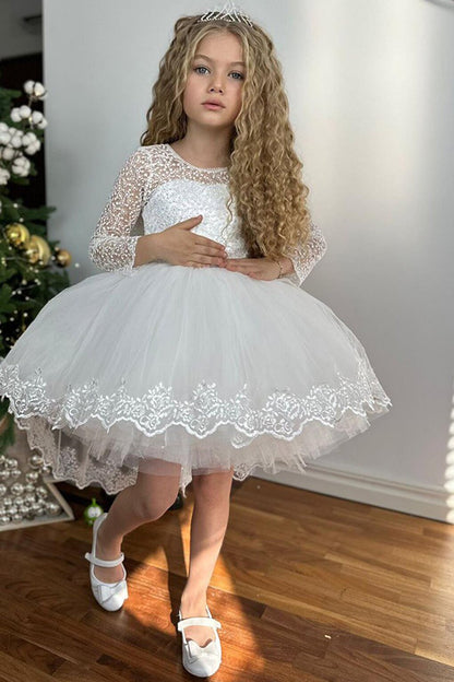 Girl's White Evening Dress with Transparent Collar and Sleeves, Low-cut Back and Pearls at the Waist