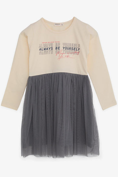 Girl's Long Sleeve Dress Tulle Text Printed Cream (8-12 Years)