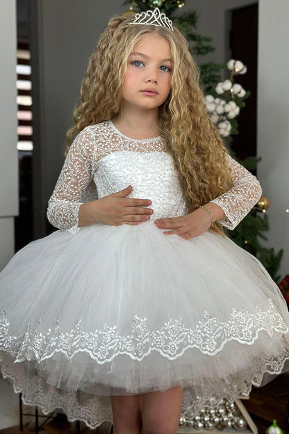 Girl's White Evening Dress with Transparent Collar and Sleeves, Low-cut Back and Pearls at the Waist