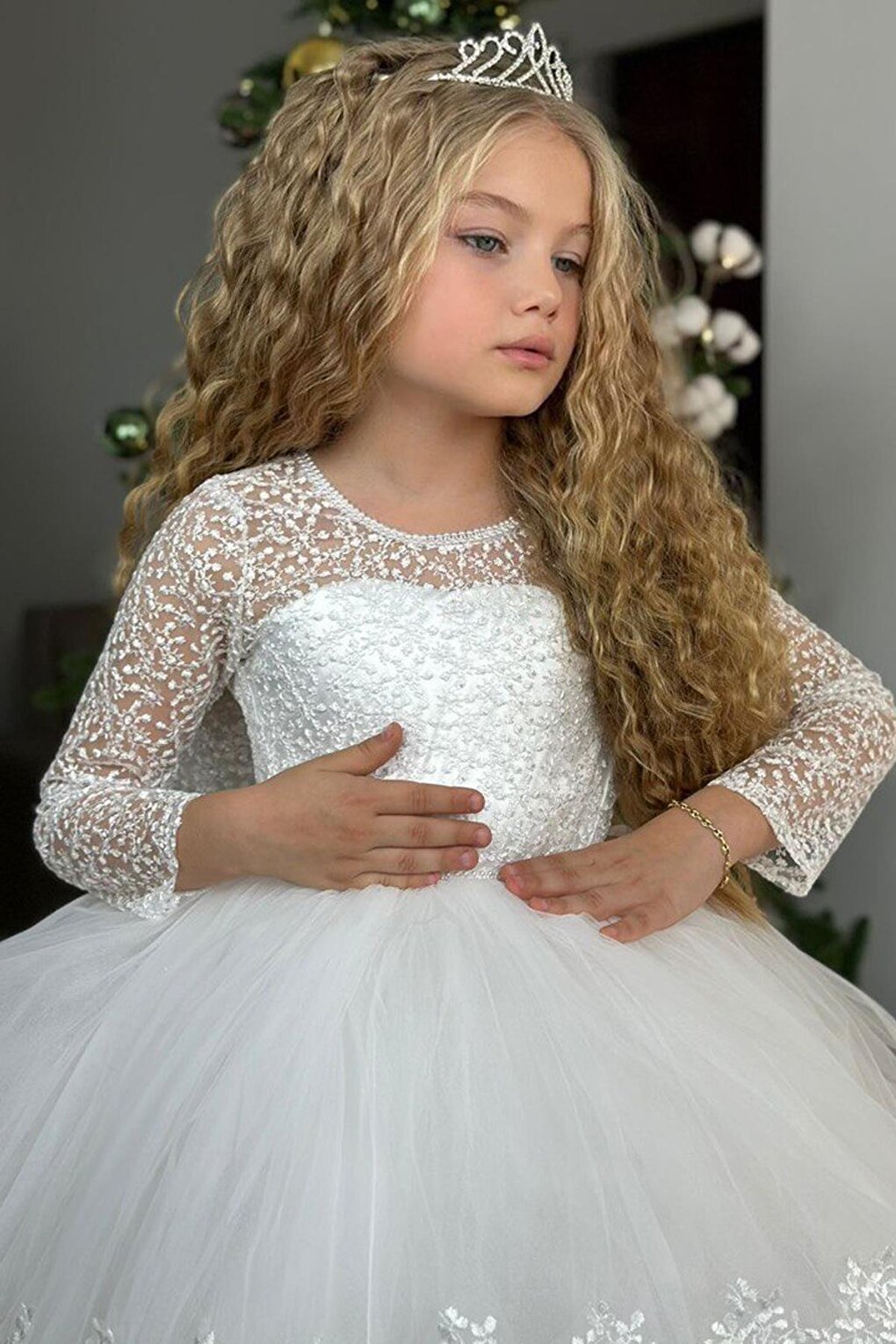 Girl's White Evening Dress with Transparent Collar and Sleeves, Low-cut Back and Pearls at the Waist