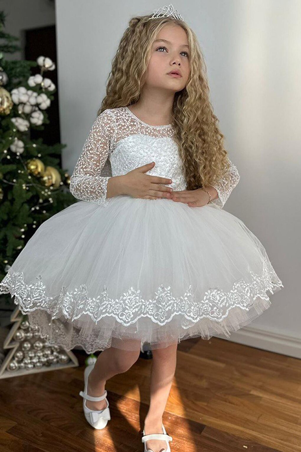 Girl's White Evening Dress with Transparent Collar and Sleeves, Low-cut Back and Pearls at the Waist