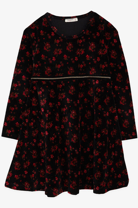 Girl's Velvet Dress Floral Black (Age 7-12)