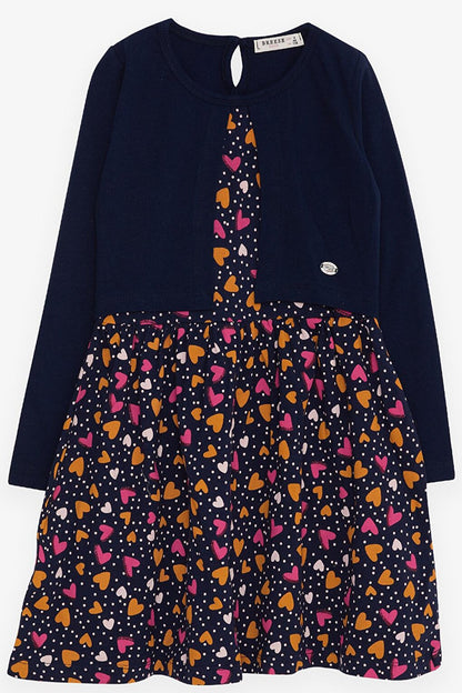 Girl's Long Sleeve Dress Colorful Heart Pattern Navy Blue (Age 4)