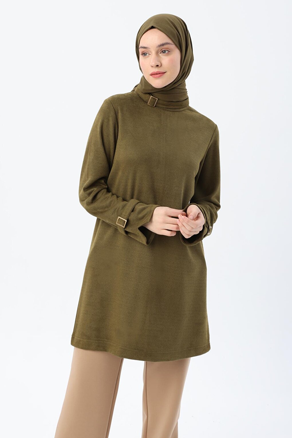 Green Collar and Sleeves with Buckle Detail Tunic