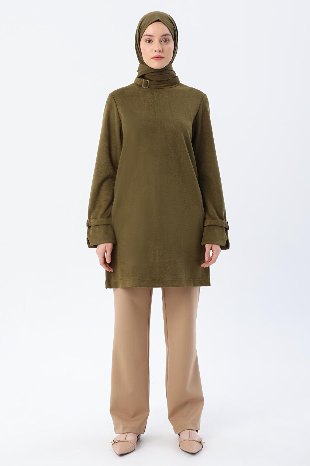 Green Collar and Sleeves with Buckle Detail Tunic