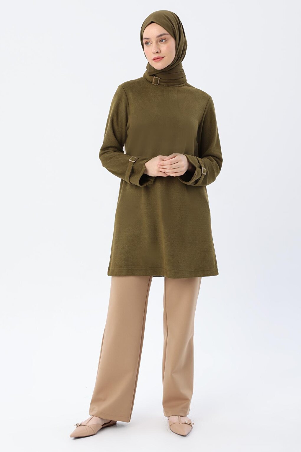 Green Collar and Sleeves with Buckle Detail Tunic