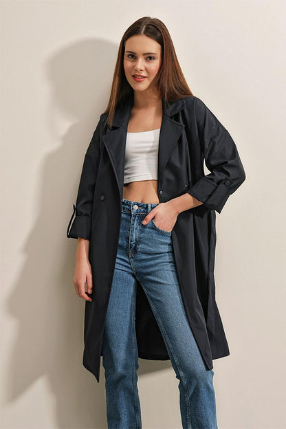 9104 Double Breasted Collar Lined Trench Coat - Navy Blue