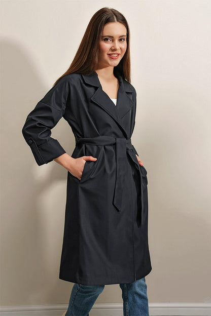 9104 Double Breasted Collar Lined Trench Coat - Navy Blue