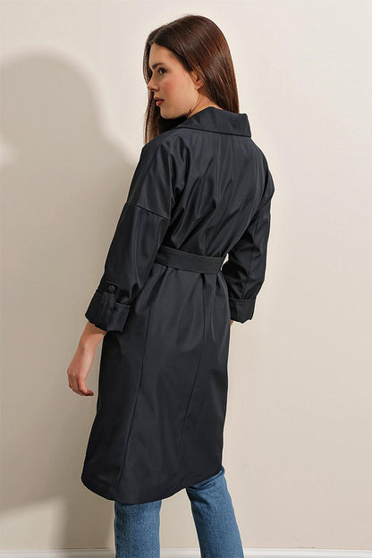 9104 Double Breasted Collar Lined Trench Coat - Navy Blue