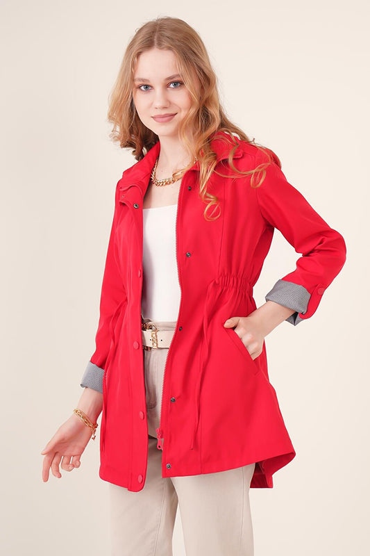 10322 Gathered Waist Trench Coat - Red