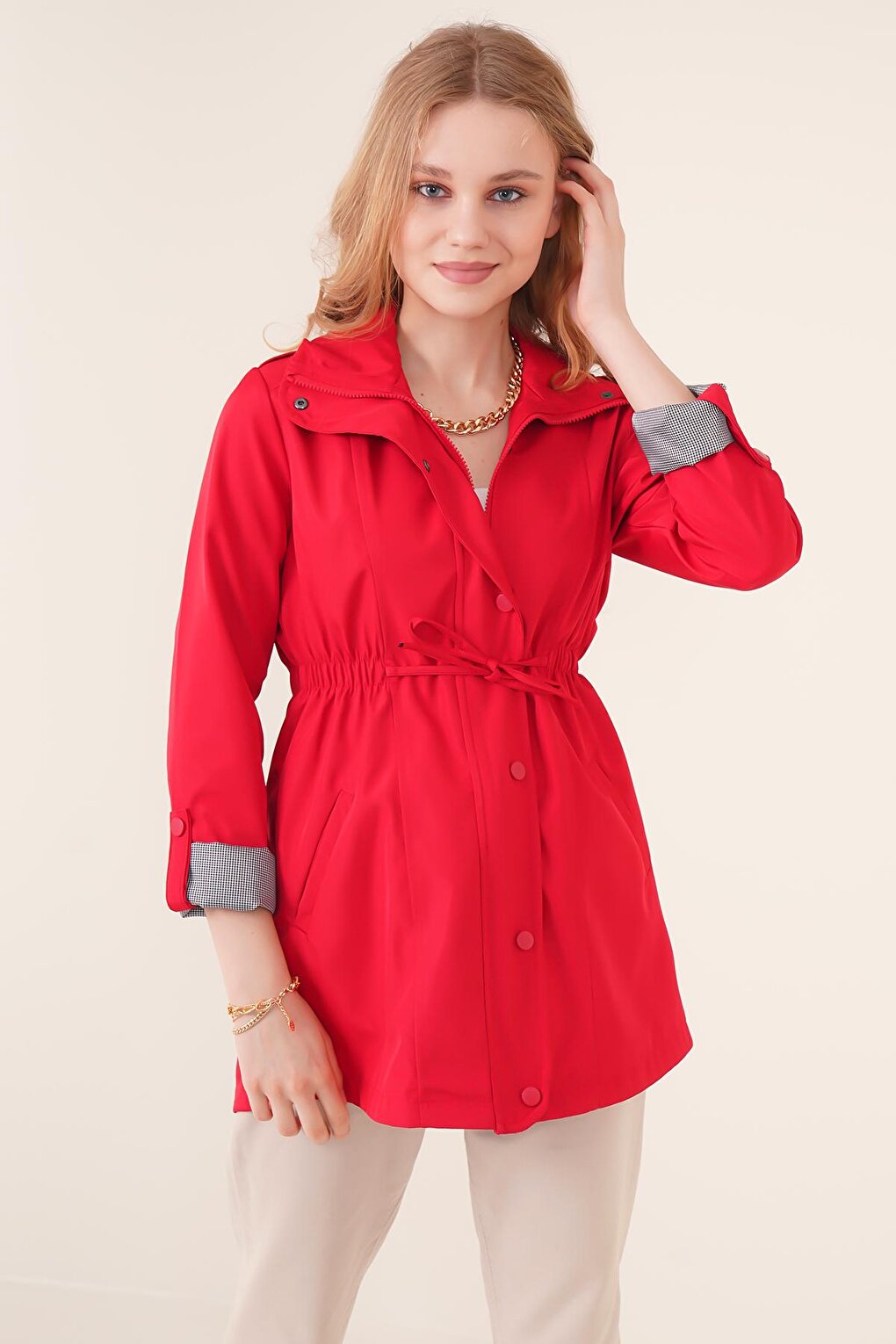 10322 Gathered Waist Trench Coat - Red