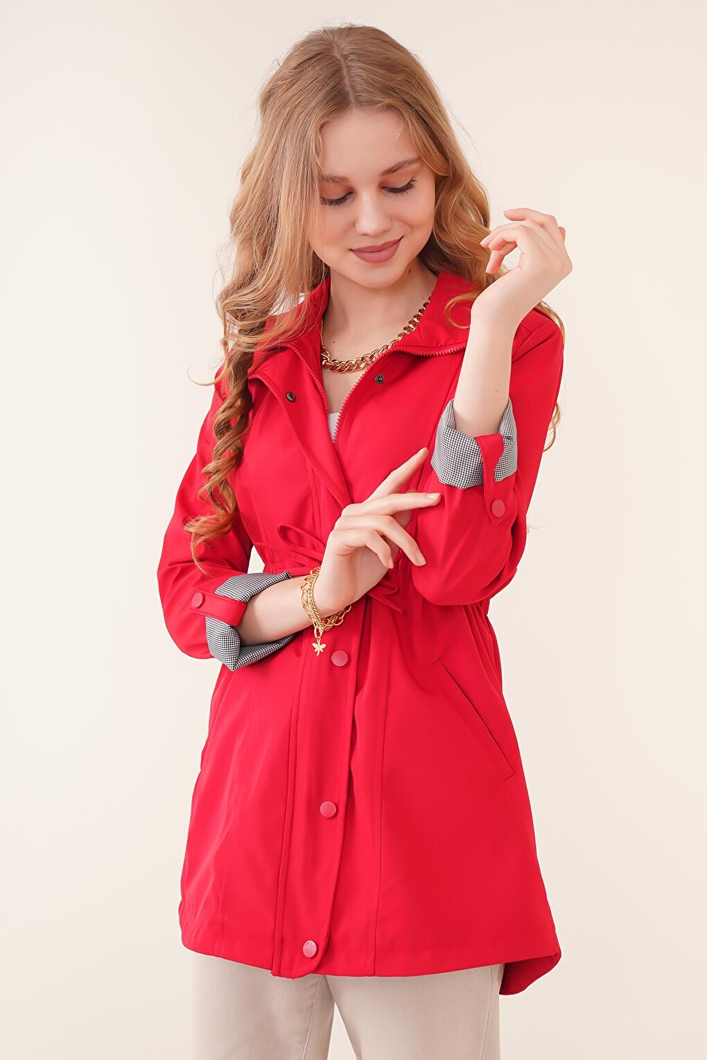 10322 Gathered Waist Trench Coat - Red