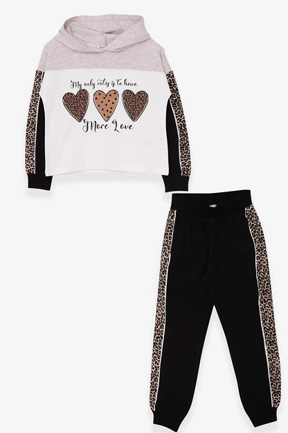 Girls' Tracksuit Set Heart Printed Beige Melange (Age 8-12)