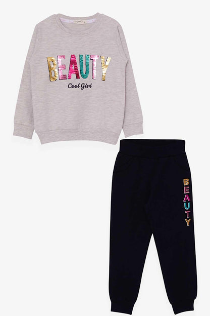 Girl's Tracksuit Set Sequined Text Printed Beige Melange (Age 4-7)