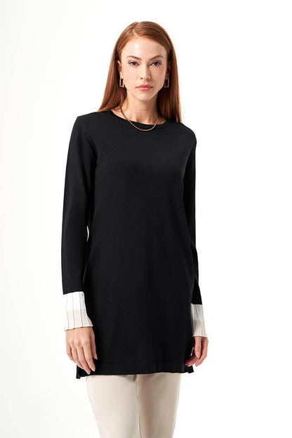 Sleeve Pleated Rayon Knitwear Black-Stone Tunic