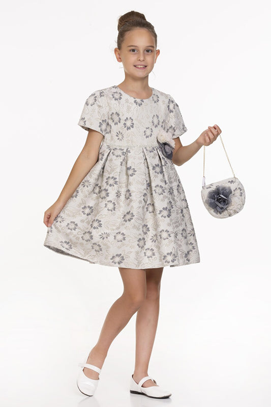 Floral Pattern Dress with Jacquard Bag