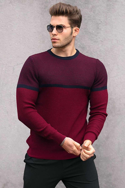 Claret Red Color Block Men's Sweater 4734