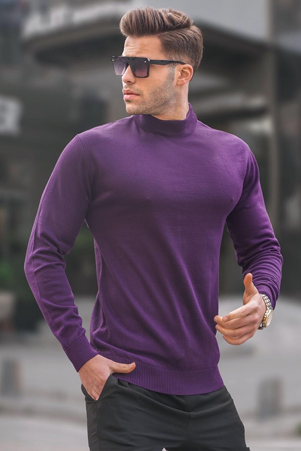 Purple Slim Fit Half Turtleneck Men's Knitwear Sweater 6343