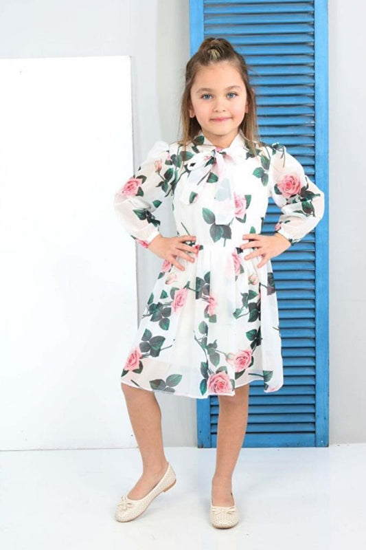 Girl's White Dress with Transparent Sleeves and Floral Pattern