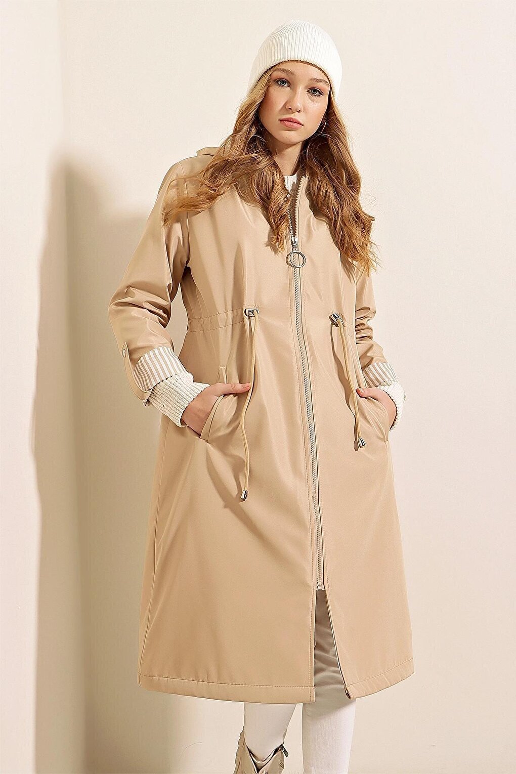 Long Hooded Trench Coat with Stone Zipper, Gathered Waist, Sleeve Cuffs