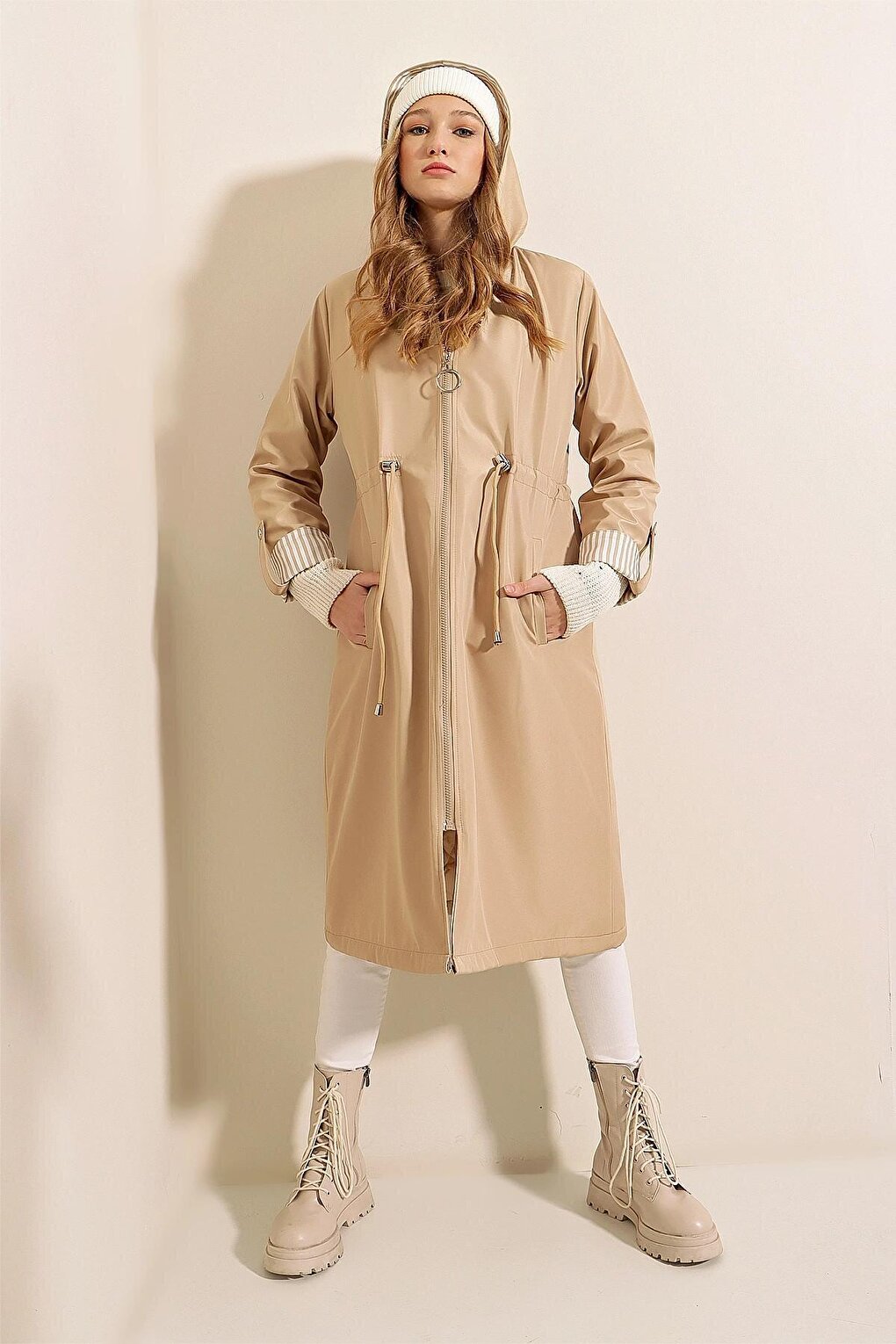 Long Hooded Trench Coat with Stone Zipper, Gathered Waist, Sleeve Cuffs