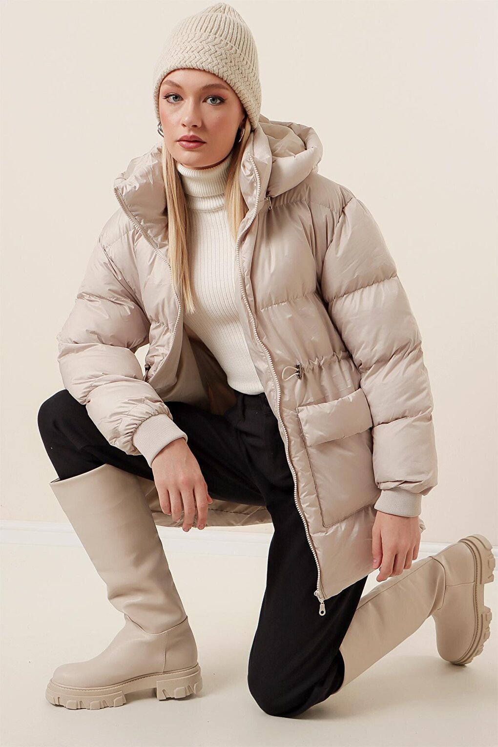 Stone Hooded Zippered Pocket Puffer Coat