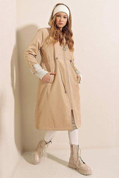 Long Hooded Trench Coat with Stone Zipper, Gathered Waist, Sleeve Cuffs