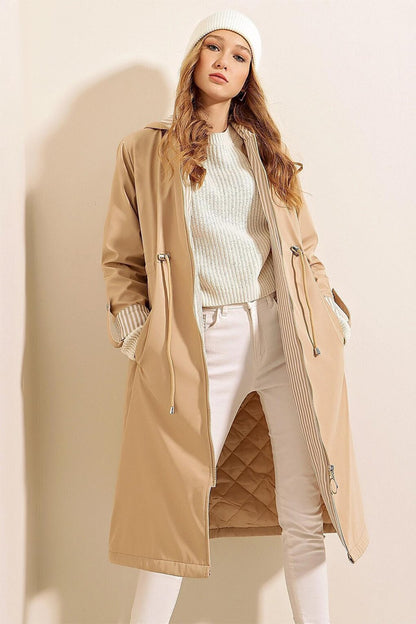 Long Hooded Trench Coat with Stone Zipper, Gathered Waist, Sleeve Cuffs