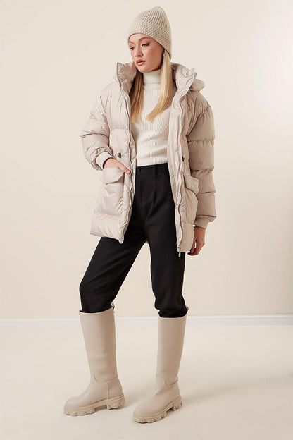 Stone Hooded Zippered Pocket Puffer Coat