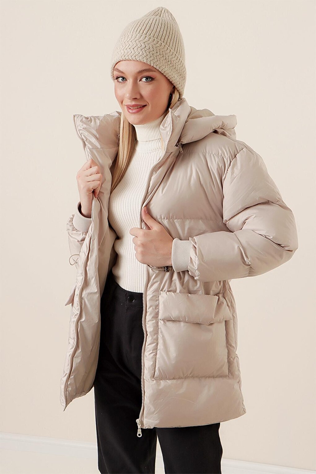 Stone Hooded Zippered Pocket Puffer Coat