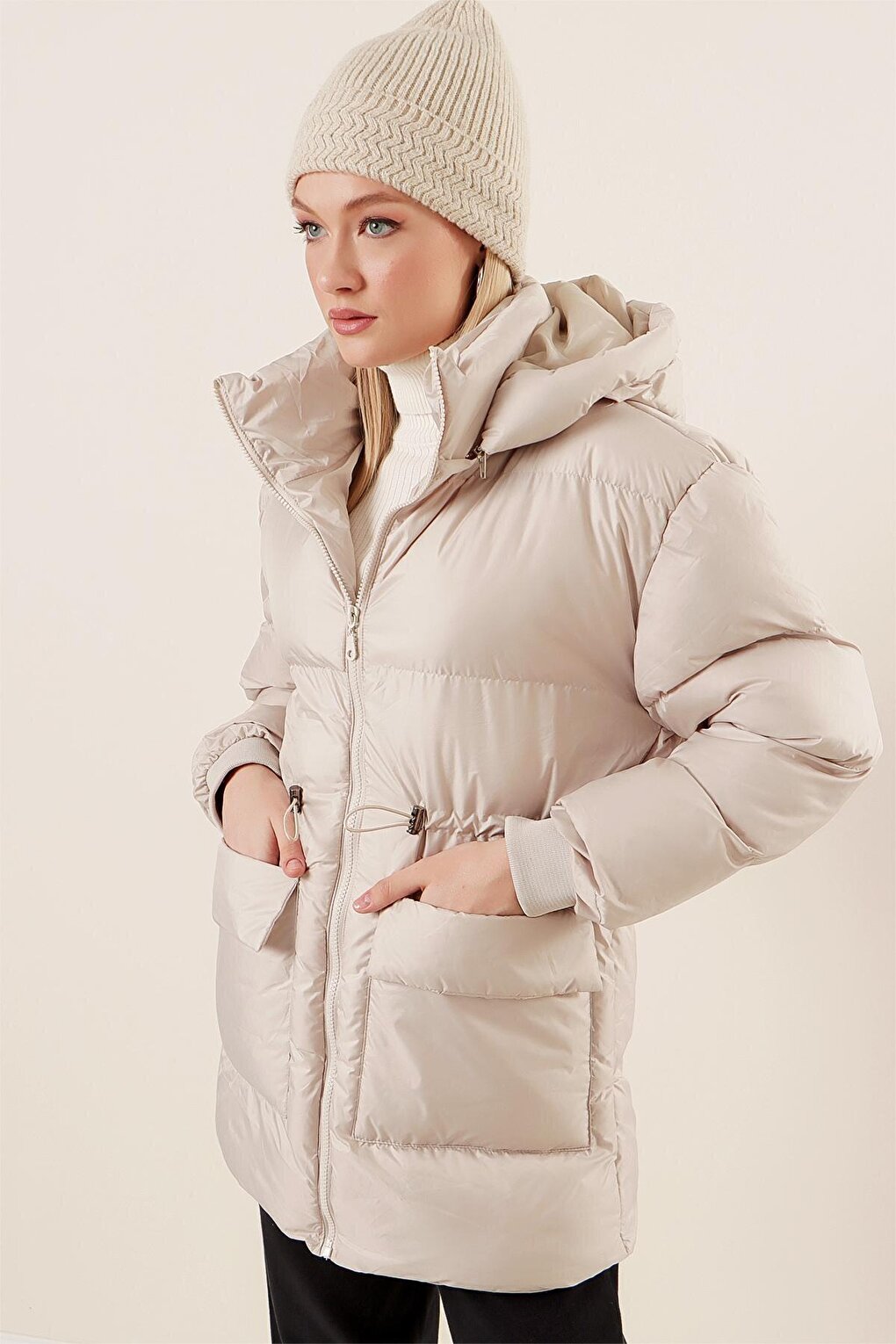 Stone Hooded Zippered Pocket Puffer Coat