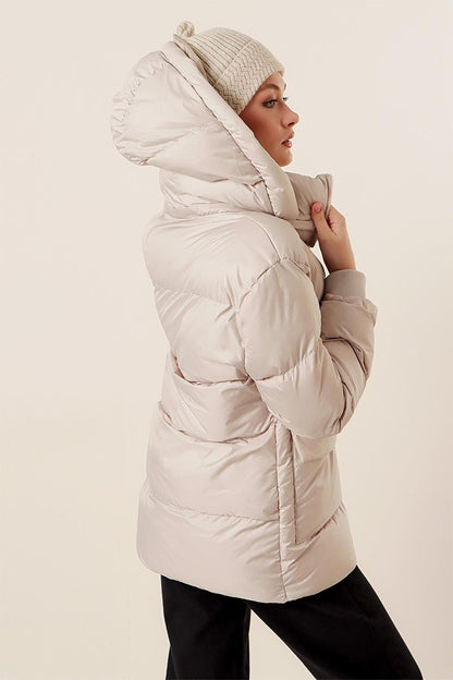 Stone Hooded Zippered Pocket Puffer Coat