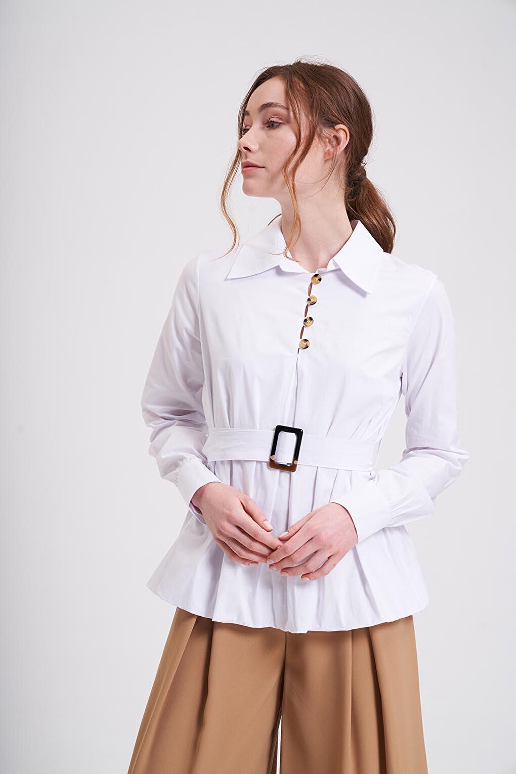 Belted Balloon Sleeve White Tunic Shirt