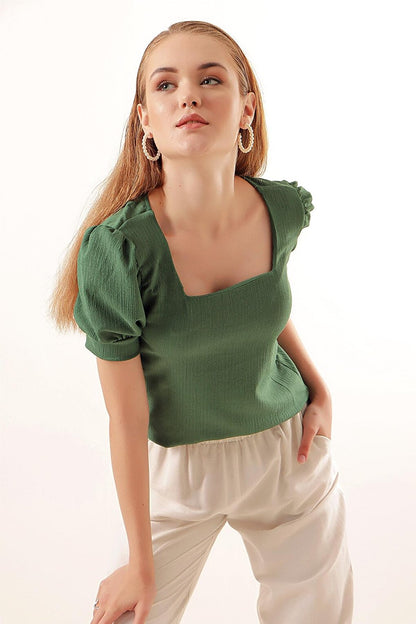 0409 Square Neck Knitted Blouse - Emerald Green