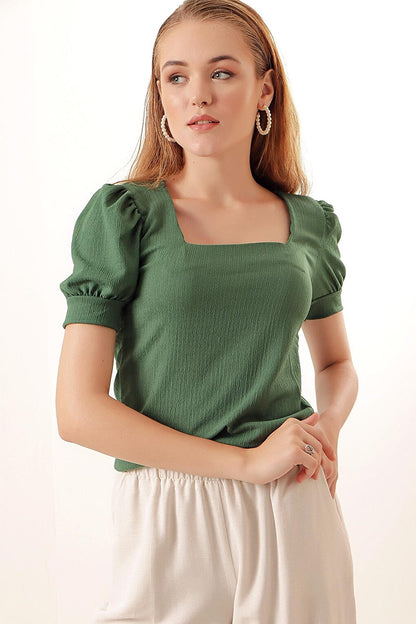 0409 Square Neck Knitted Blouse - Emerald Green