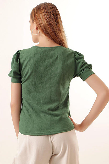 0409 Square Neck Knitted Blouse - Emerald Green