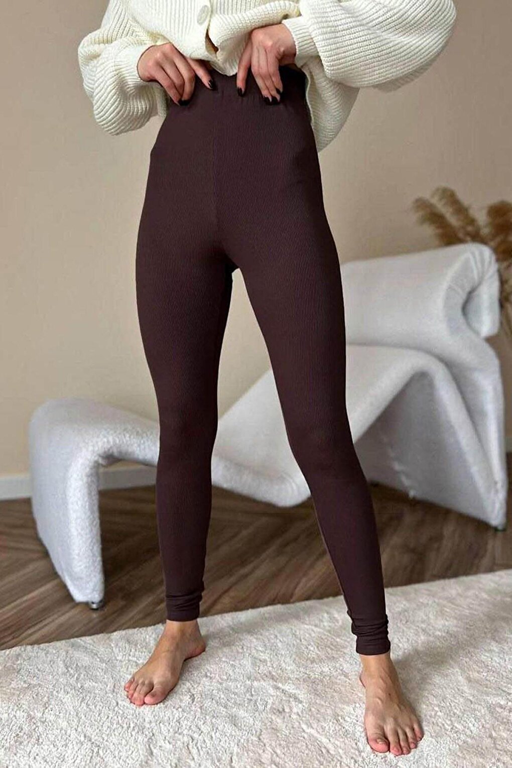 Brown High Waist Women's Ribbed Leggings MG1625