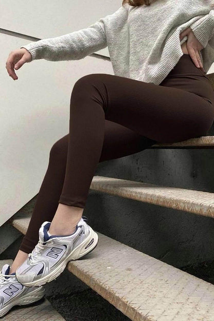 Brown High Waist Women's Ribbed Leggings MG1625